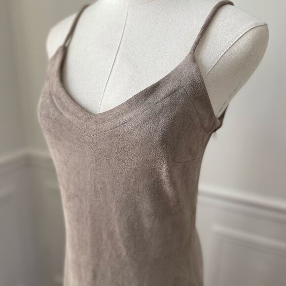 Design Lab Beige Moleskin Sueded Fabric Spaghetti Strap Fringe Slip Dress XS - Picture 2 of 8